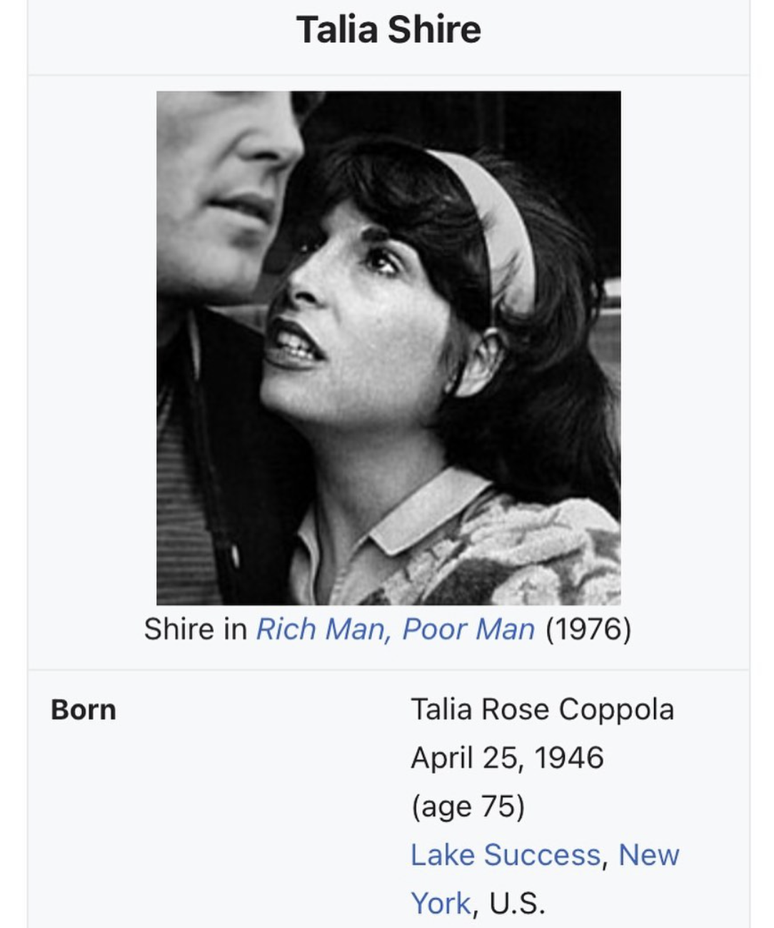 photo caption - Talia Shire Born Shire in Rich Man, Poor Man 1976 Talia Rose Coppola age 75 Lake Success, New York, U.S.